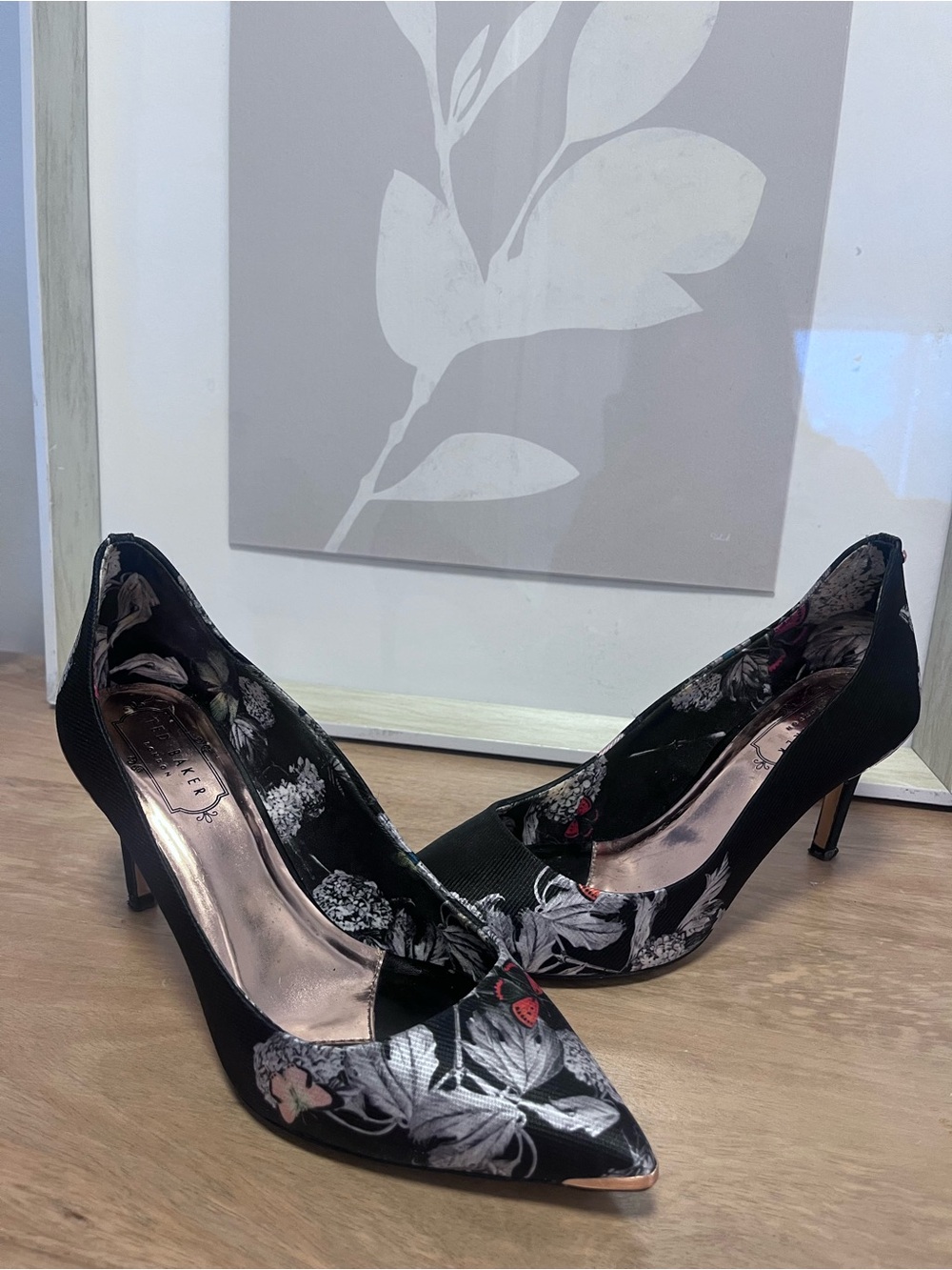 Ted Baker London Black Floral Pointed Pumps with Rose Accents